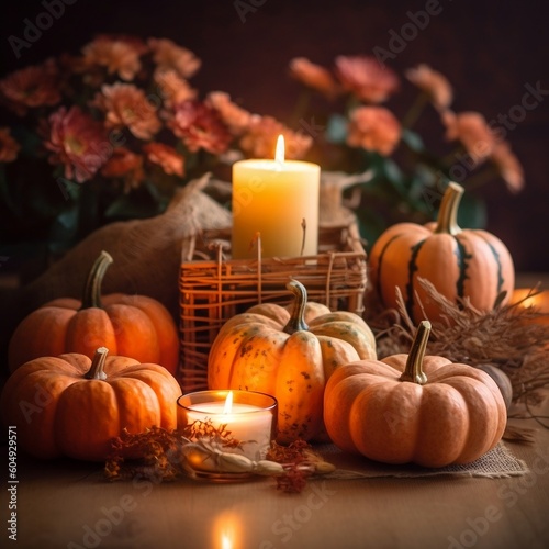 Cozy Fall Decor Burning Candle and Small Pumpkins. Generative AI