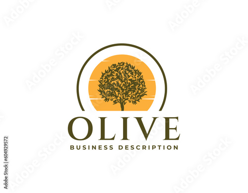 Olive Tree With Sun Background Logo Design Template