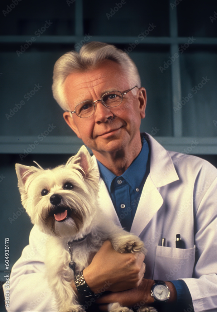 A man in a lab coat holding a white dog. Generative AI. Veterinarian examining a dog in vet clinics. A man in a lab coat holding a white dog. Generative AI. Veterinarian examining a dog in vet clinics.