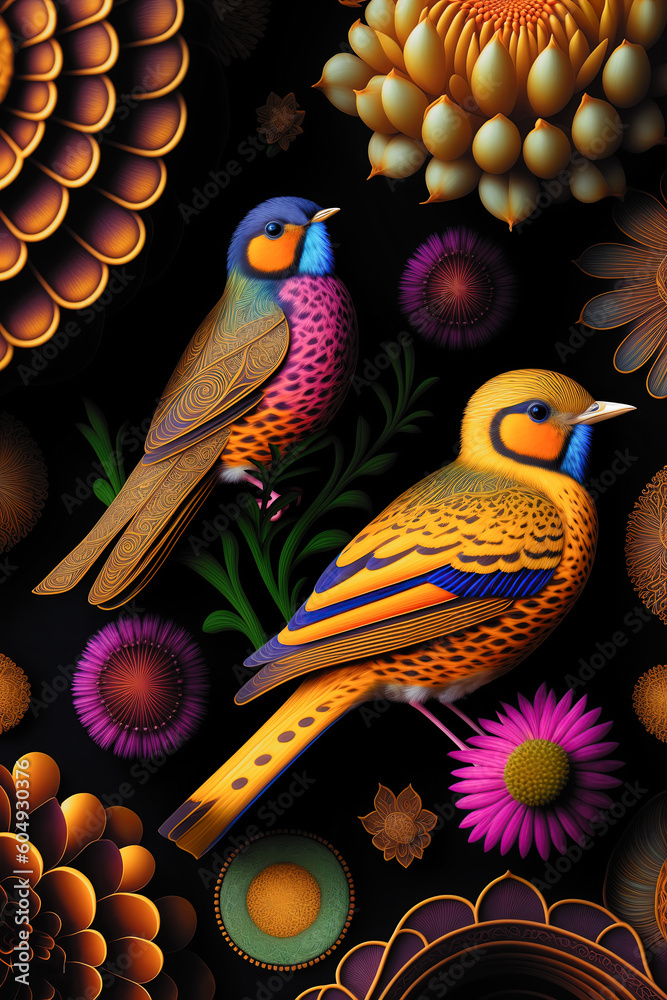 Couple of fantasy birds on top of a bunch of flowers in the Meadow. Painting portrait of two birds sitting on a branch surrounded by flowers. Generative Ai Couple of fantasy birds on top of a bunch of flowers in the Meadow. Painting portrait of two birds sitting on a branch surrounded by flowers. Generative Ai