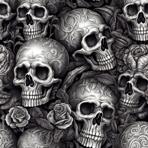 Sugar skull black and white seamless repeat pattern [Generative AI]
