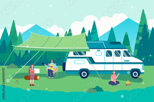 People camping outside in summer with lawn and forest in the background, vector illustration