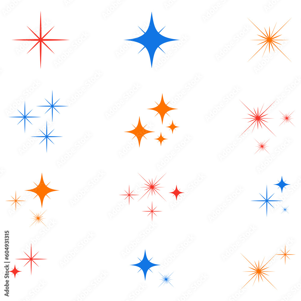 Sparkle stars. Set of color glowing light effect sign. Flashes starburst icon.