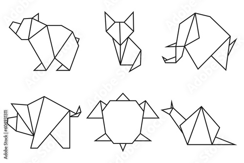 Origami animals collection. Set of line geometric shape for art of folded paper. Template for logo with - bear, cat, elephant, pig, snail and turtle