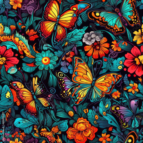 Colorful butterflies and flowers psychedelic neon seamless repeat pattern  Generative AI 