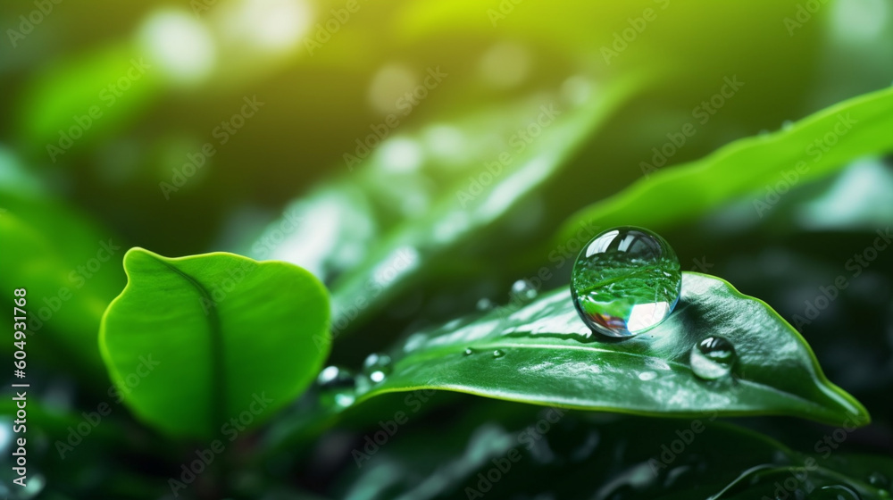 Green leaf with water droplets on the top Green leaf with water droplets on the top