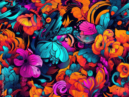 Colorful trippy mushrooms and flowers psychedelic neon seamless repeat pattern [Generative AI]