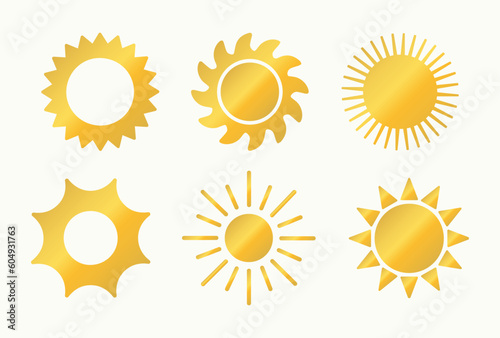 Set of sun icons gold, golden. Summer, sunset symbol. Vector illustration