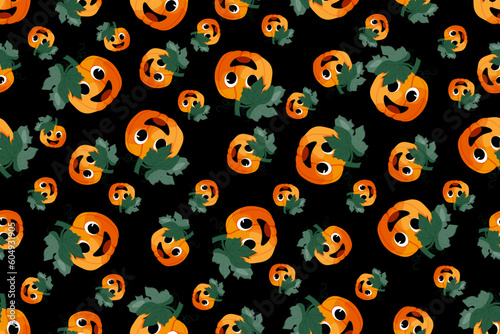 Seamless pattern with Cartoon Pumpkin. Squash with face. Pumpkin Vector illustration. Autumn Vegetables background. Wallpaper and bed linen print. Wrapping paper.
