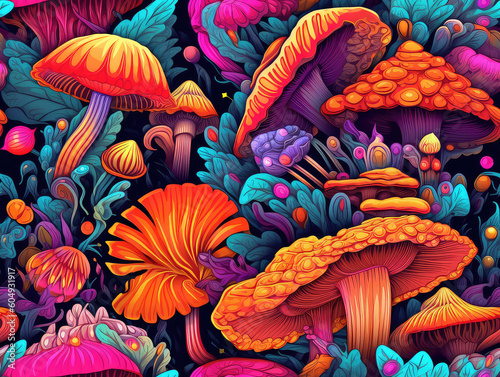 Colorful trippy mushrooms and flowers psychedelic neon seamless repeat pattern [Generative AI]