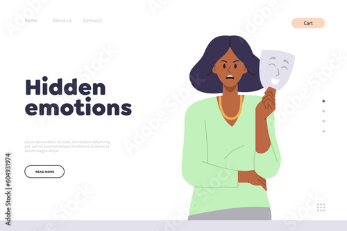 Landing page with hidden emotion concept and female character suppressing rage under happy mask
