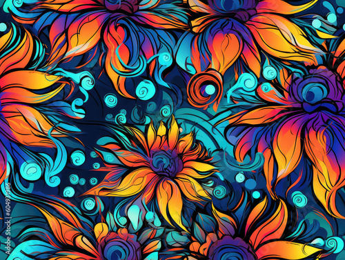 Colorful flowers psychedelic neon seamless repeat pattern [Generative AI] 