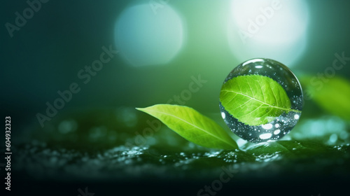 Green leaf with water droplets on the top