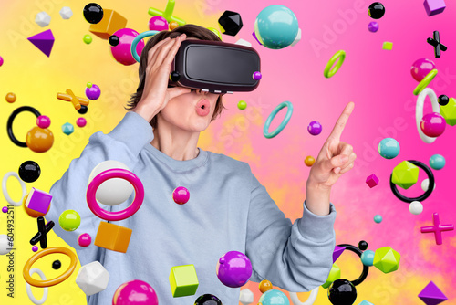 3d realistic web collage of shocked woman gamer in cyberspace use goggles choose avatar from cube circle bubble symbols