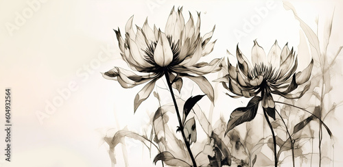Billede på lærred wallpaper fine art botanical painting lith printing light Champagne and black,single design,in white background,generative ai
