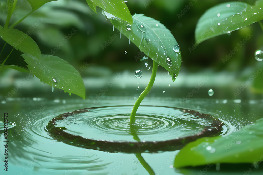 Large drop water reflects environment. Nature spring photography. A drop of water on the leaves, macro shooting. Generative AI