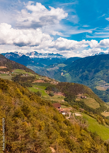 Alpine spring view with Mount Rosengarten seen from Mount Ritten  Oberbozen  Bozen  Dolomites  South Tyrol  Italy