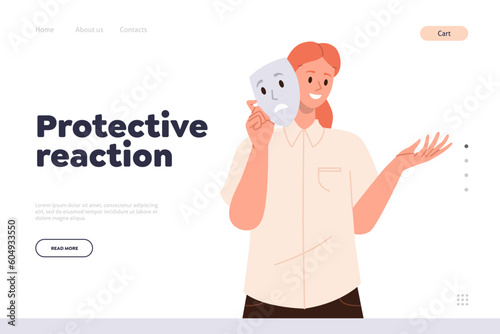 Protective reaction landing page with cartoon woman hiding happiness under sad social mask
