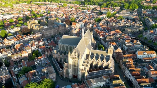 Aerial drone video of the Hooglandse Church in the city centre of Leiden photo
