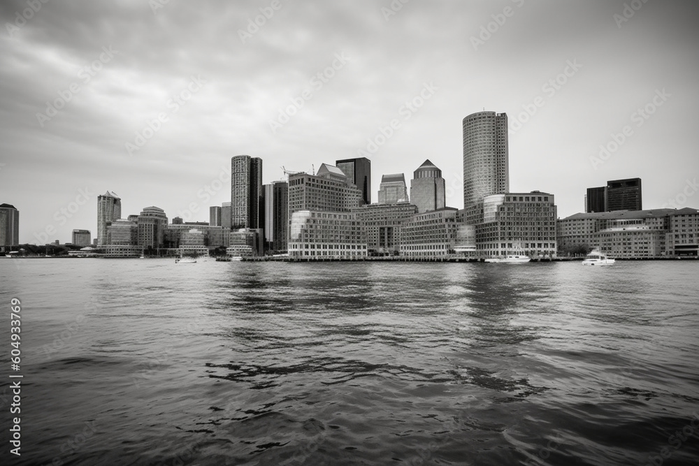 Black and White shot of Boston Harbor and Financial district