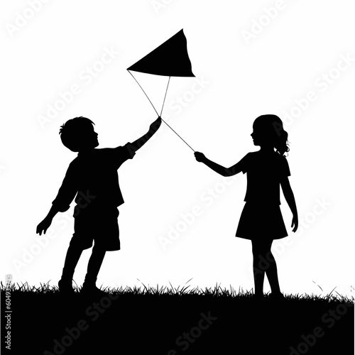 Silhouettes of boys and girls playing kites together
