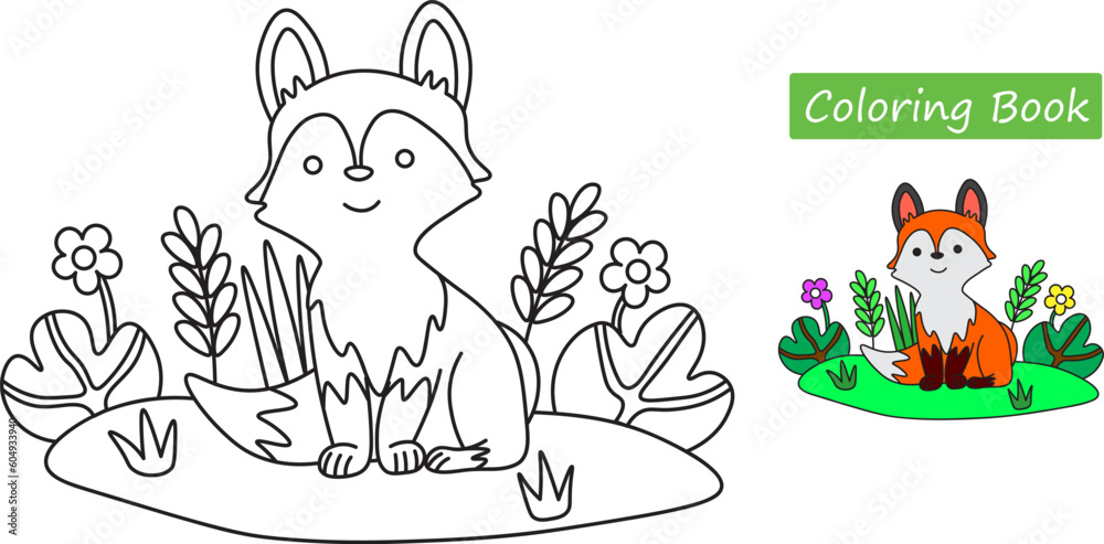Naklejka premium Coloring pictures of cute orange foxes. Preschooler activity paper. learn mearnai. Child education. Vector illustration