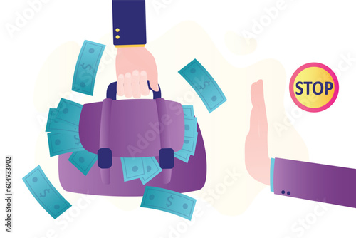 Hand passes bag of money. Payment, salary. Corruption, bribe politics. Businessman hand gesture - stop sign. Refusal of bribe, honesty, intransigence. Criminal deal.