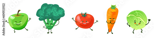 Funny cartoon set of different vegetables. Smiling apple, carrot, tomato, cabbage, broccoli. Cute apples. Vector illustration isolated on white background.  Vitamins