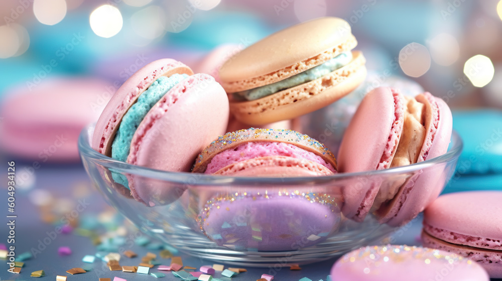 A glass bowl filled with lots of colorful macarons. Generative AI. A glass bowl filled with lots of colorful macarons. Generative AI.