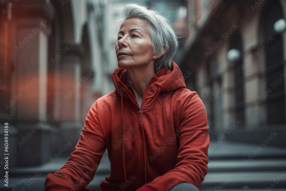 A woman in a red jacket sitting on steps. Generative AI. Mature woman meditating.