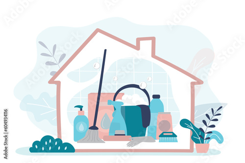 Cleaning service banner template. Housekeeping background with cleaning tools and house building silhouette. Image design for advertising booklets, article, social media.