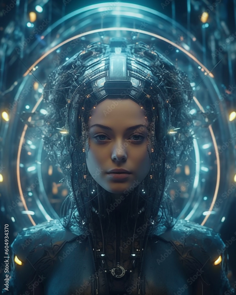 Generative AI fantasy sci-fi cyborg woman.