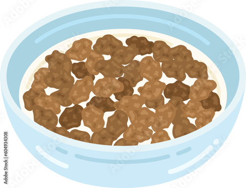 皿に盛り付けられた、牛乳をかけた、チョコレート味のコーンフレークのイラスト