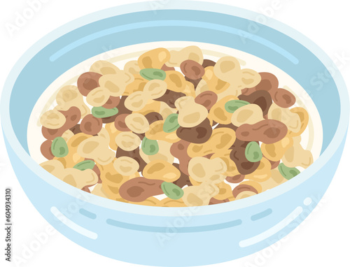 皿に盛り付けられた、牛乳をかけた、グラノーラのイラスト