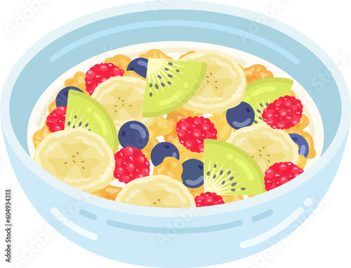 牛乳をかけた、フルーツを混ぜた、コーンフレークのイラスト