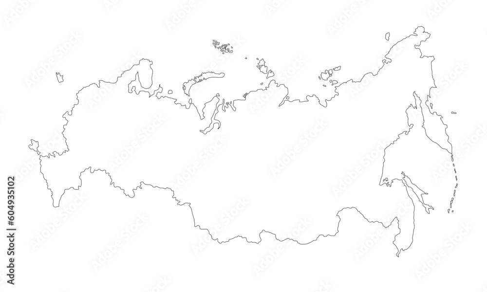 Outline Russia map sketch on white background. Thin hand drawn line contour, country borders. Isolated vector element for banner background design, geographic, travel, russian event illustration.