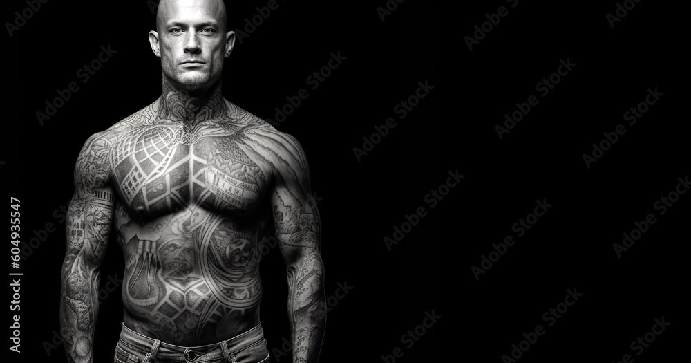 Confident man with muscular body tattooed,Assertive tattoo artist posing in a dark studio with a half-naked body wearing jeans, tattooed in a japanese irezumi style, looking cool and confident. Confident man with muscular body tattooed,Assertive tattoo artist posing in a dark studio with a half-naked body wearing jeans, tattooed in a japanese irezumi style, looking cool and confident.