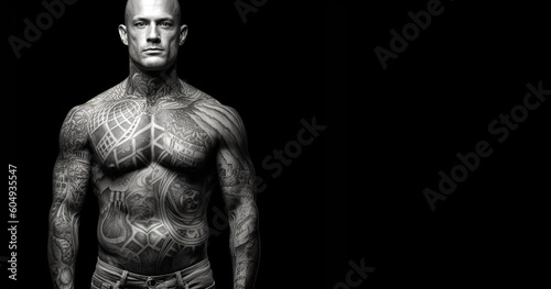 Confident man with muscular body tattooed,Assertive tattoo artist posing in a dark studio with a half-naked body wearing jeans, tattooed in a japanese irezumi style, looking cool and confident.
