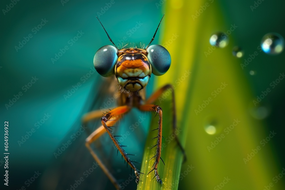 Fototapeta premium Macro shot of a dragonfly on a leaf in the rainforest, a detailed view into nature's diversity presented by Generative AI