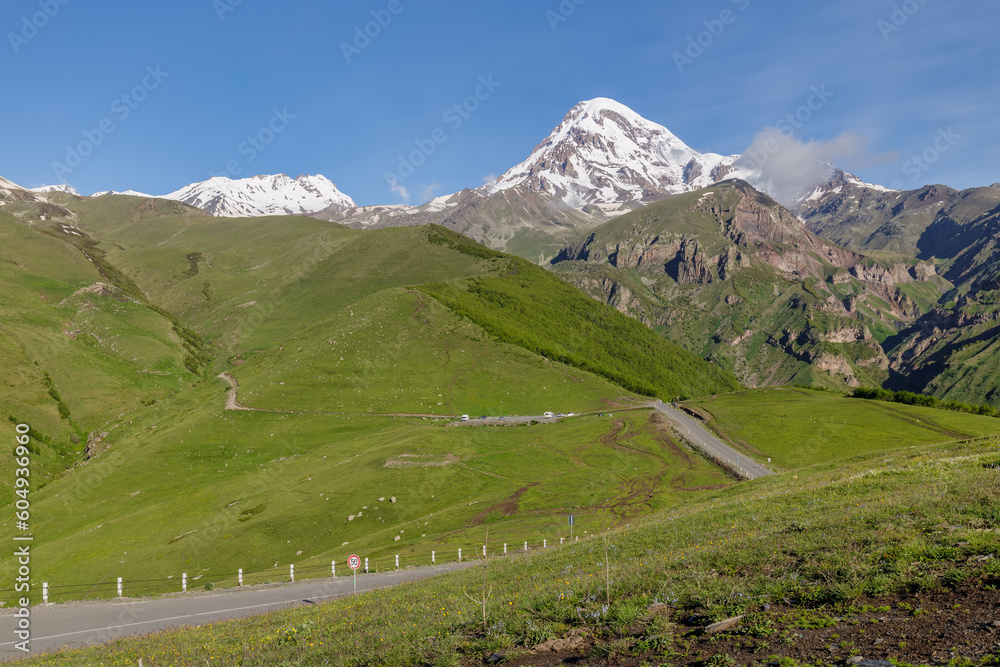 Kazbek or Kazbegi mountain,near the Gergeti Trinity Church ,Stepantsminda village in Georgia ,At an altitude of 2170 meters,
