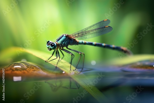 Macro shot of a dragonfly on a leaf in the rainforest, a detailed view into nature's diversity presented by Generative AI