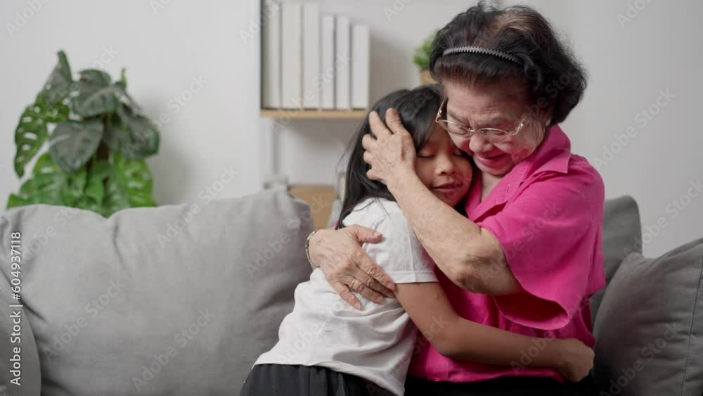 Happy old grandmother surprised after meeting granddaughter and embracing little granddaughter with love, little grandchild hug senior grandparent, show love and gratitude, family unity concept Happy old grandmother surprised after meeting granddaughter and embracing little granddaughter with love, little grandchild hug senior grandparent, show love and gratitude, family unity concept