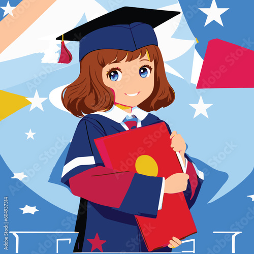 Vector illustration of a girl graduate in cap and gown with diploma.