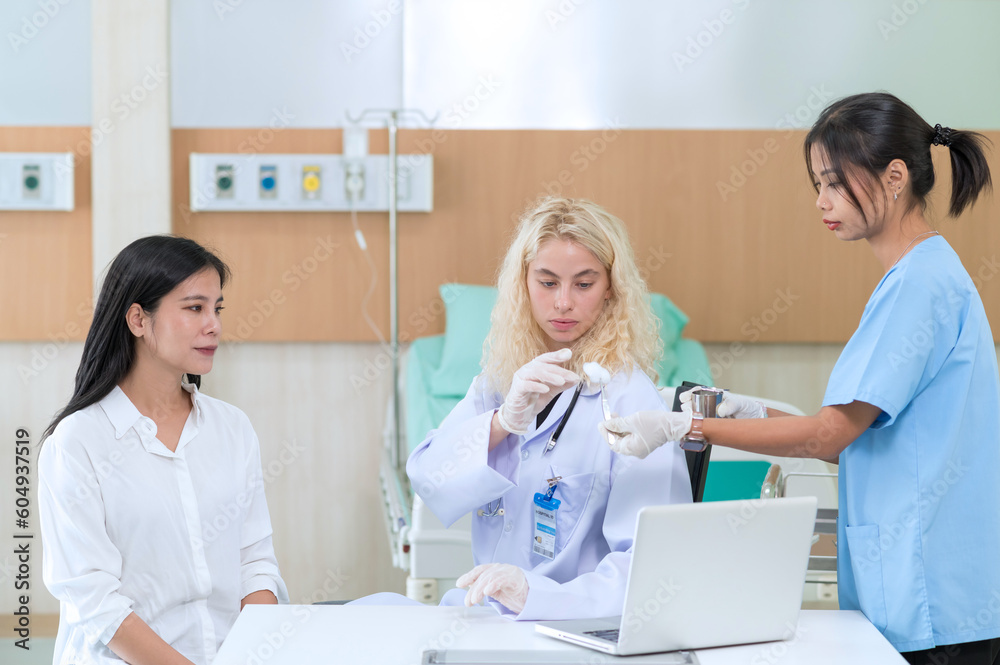 Fototapeta premium Surgeon examine a patient in preparation for cosmetic surgery in doctors office. Cosmetology concept.