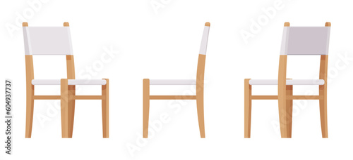 Wood dining chair, upholstered furniture set, natural brown, light. Fabric seat, backrest for cafe, restaurant classic modern interior. Vector flat style cartoon home office isolated, white background