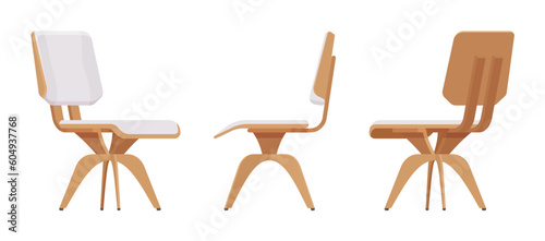 Solid wood swivel chair furniture set in natural brown, light. Computer, study or leisure room, balcony, bar, coffee shop interior. Vector flat style cartoon home, office isolated on white background