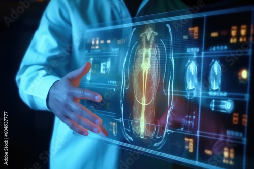 Doctor's hands holding a digital screen with the projection of a human body and brain hologram with different parameters and data. Created with generative ai