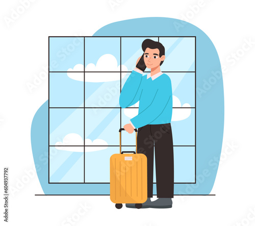 Man with a suitcase at the airport is talking on the phone. Goes on a flight to go on a journey. Vector graphic.