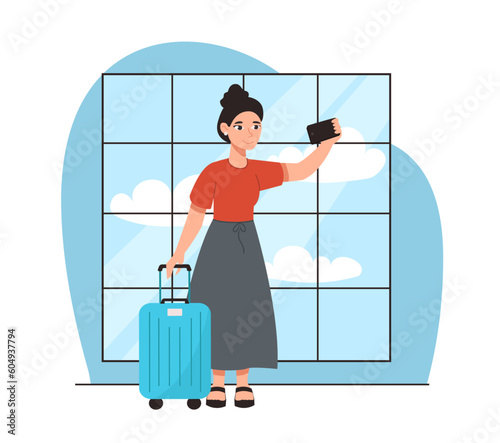 Woman with a suitcase at the airport takes a selfie on the phone. Goes on a flight to go on a journey. Vector graphic.