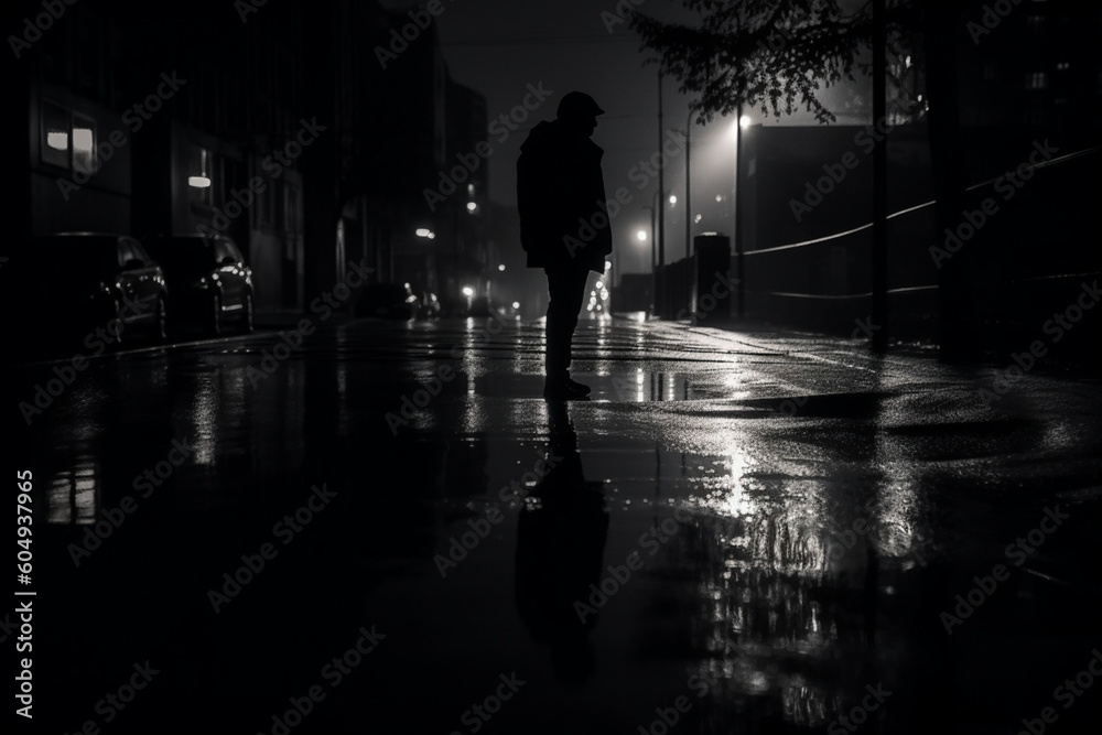 Blurry shadow and silhouette of a man standing in the night on wet city street sidewalk with water reflection in black and white